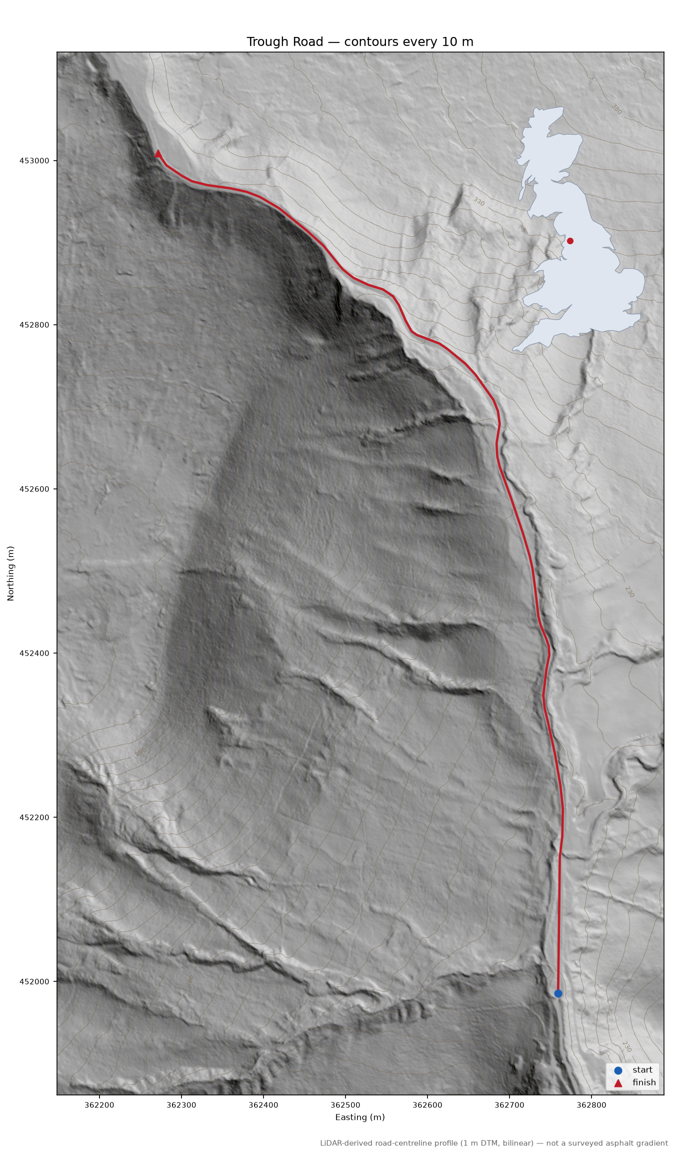 Trough Road LiDAR hillshade map with contours