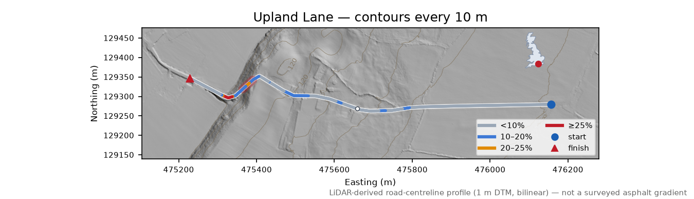 Upland Lane LiDAR hillshade map with contours