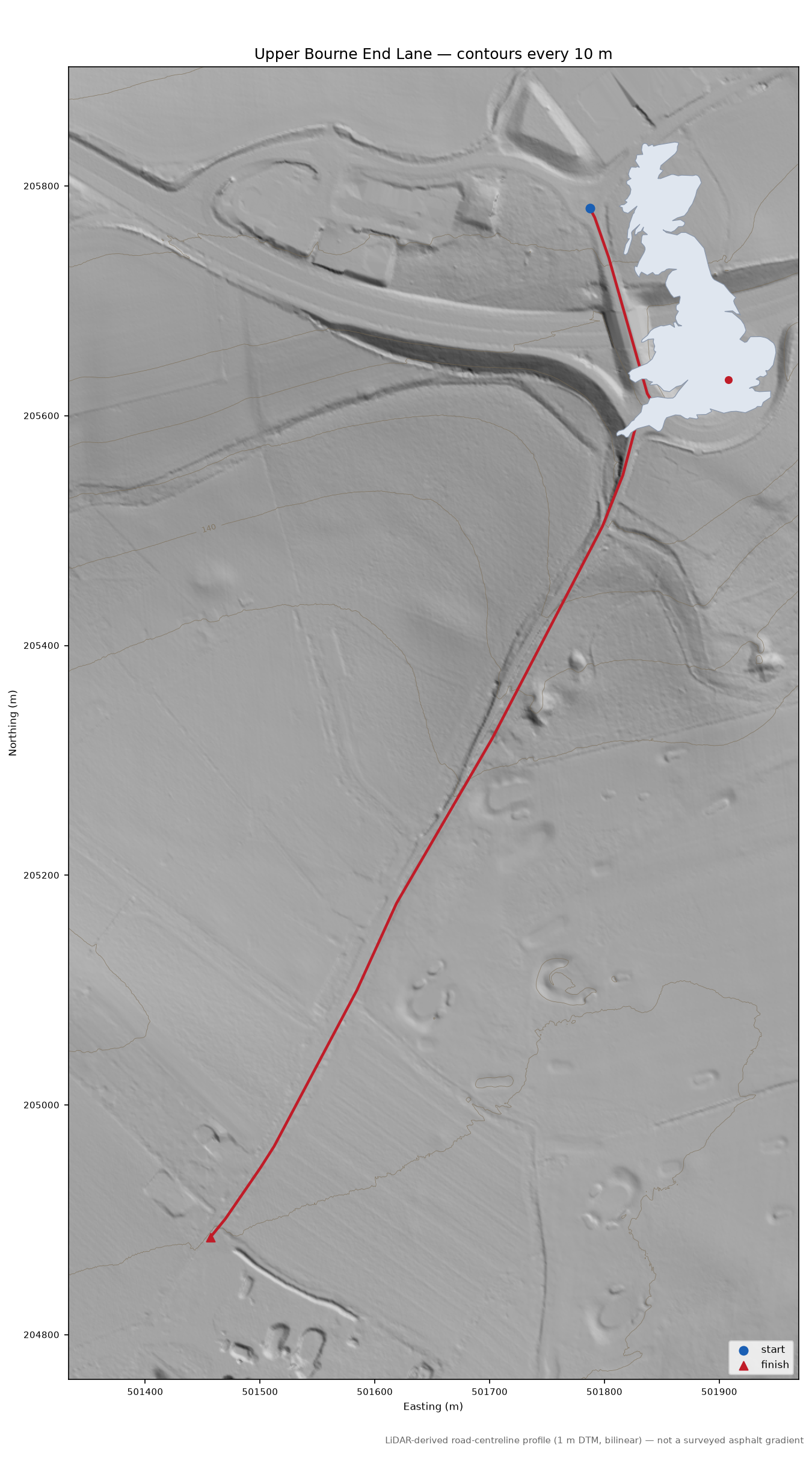 Upper Bourne End Lane LiDAR hillshade map with contours