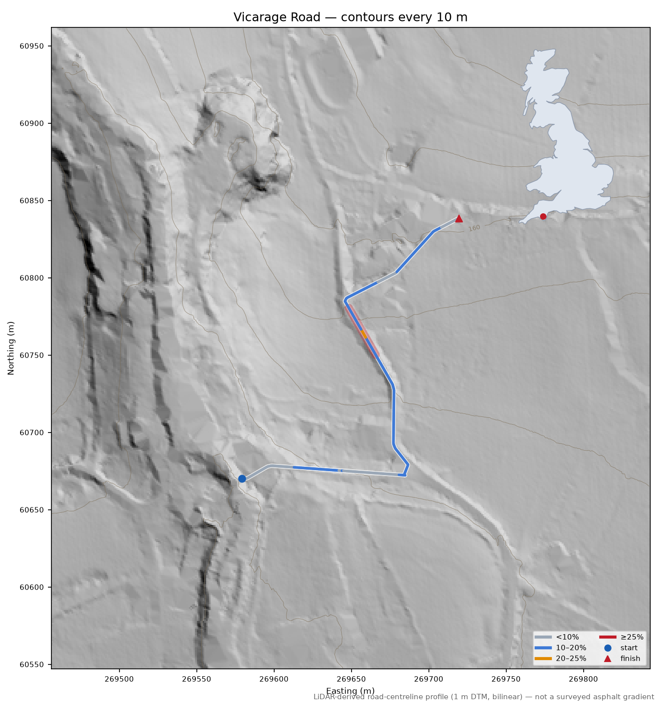 Vicarage Road LiDAR hillshade map with contours