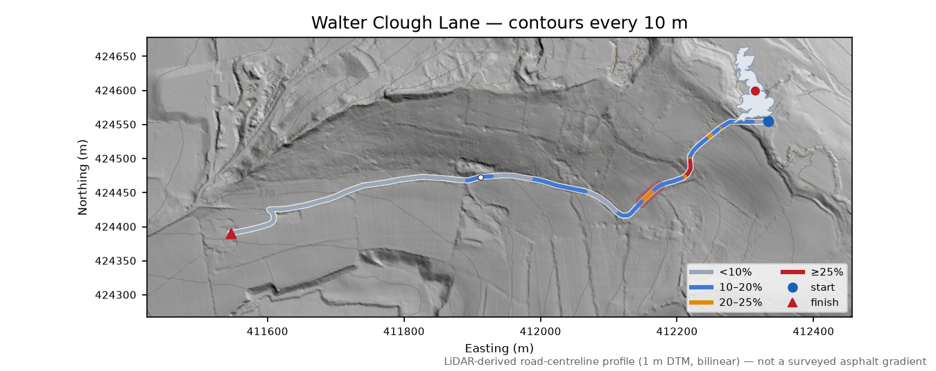 Walter Clough Lane LiDAR hillshade map with contours