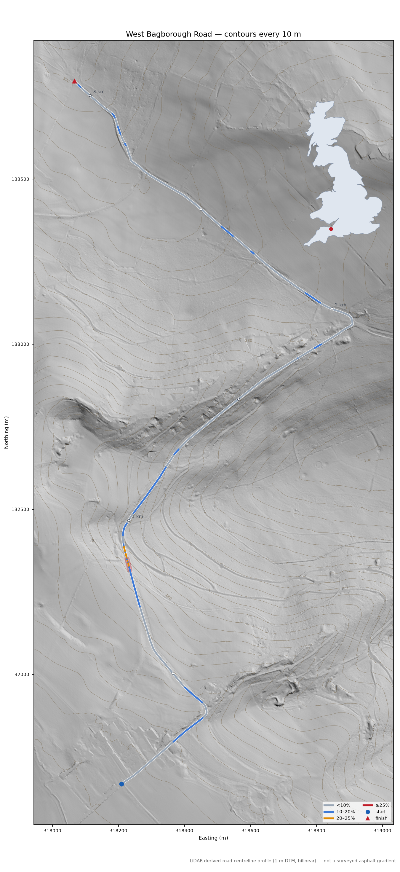 West Bagborough Road LiDAR hillshade map with contours