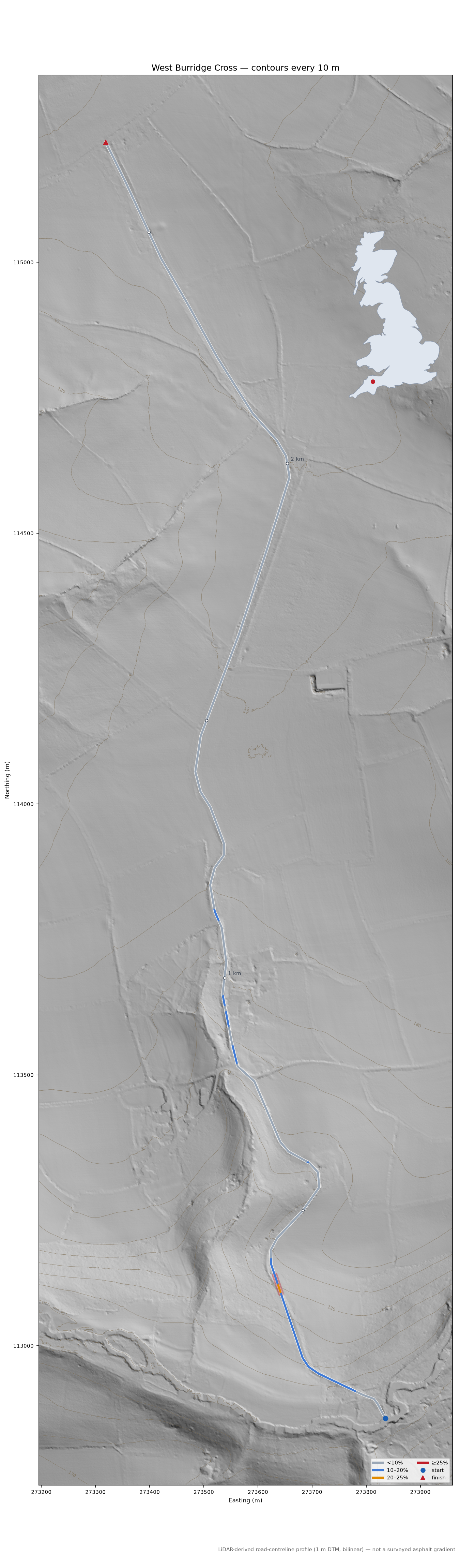 West Burridge Cross LiDAR hillshade map with contours