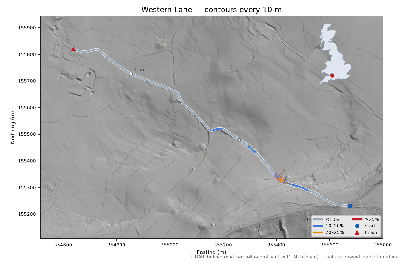 Western Lane LiDAR hillshade map with contours