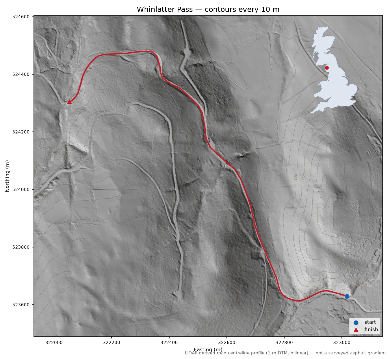 Whinlatter Pass LiDAR hillshade map with contours