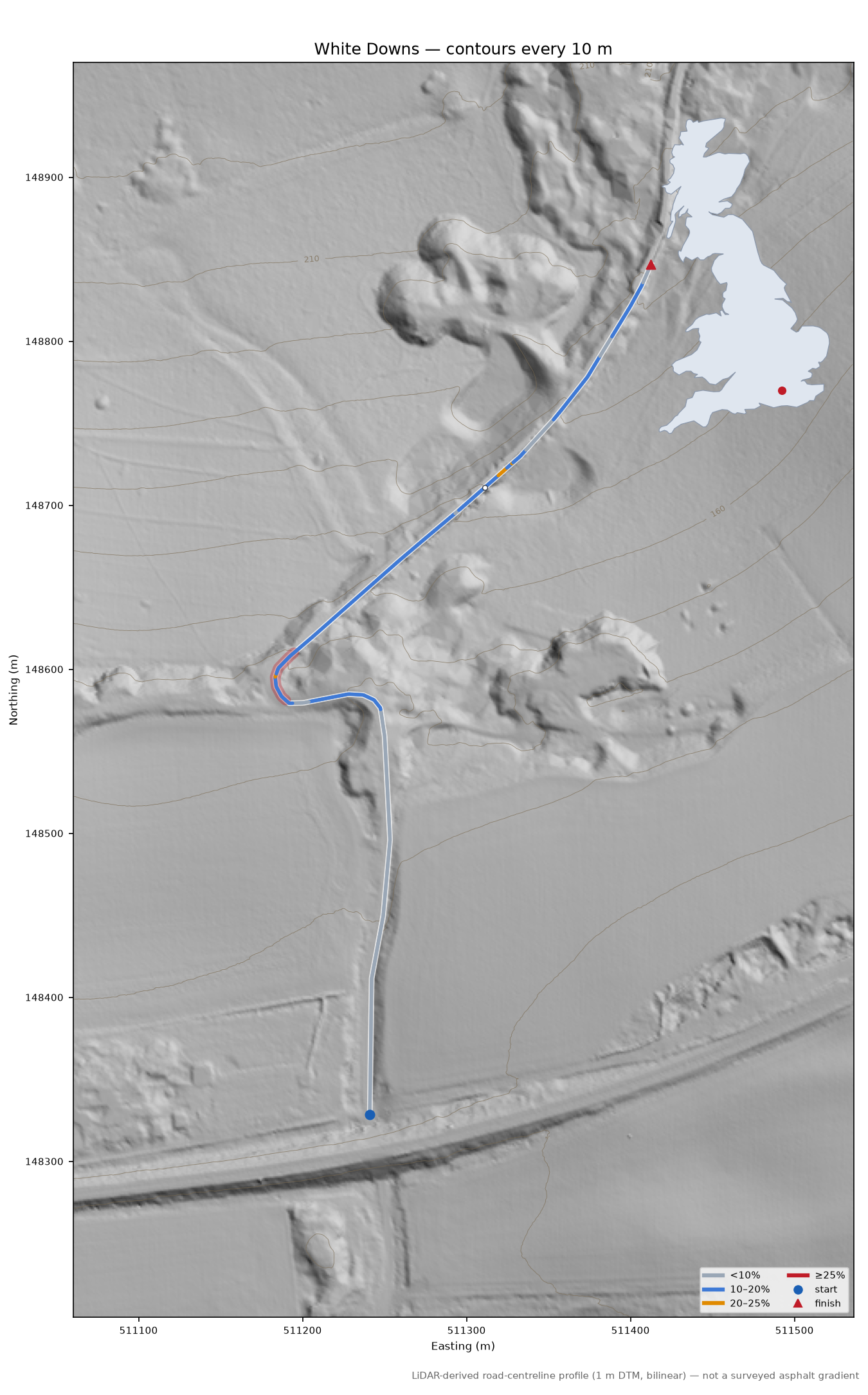 White Downs LiDAR hillshade map with contours