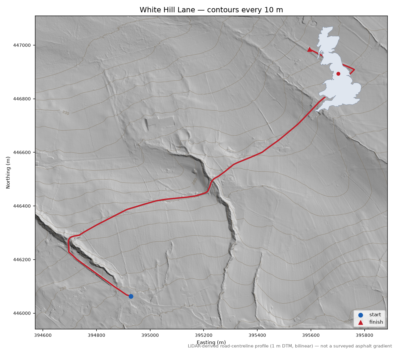 White Hill Lane LiDAR hillshade map with contours