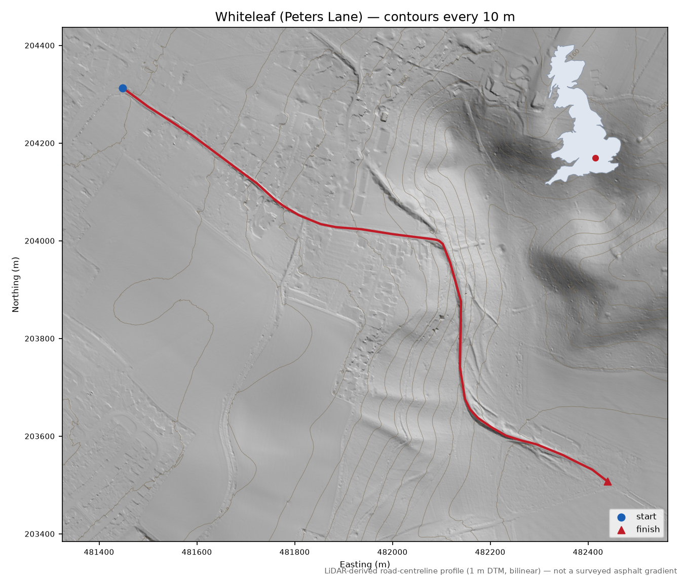 Whiteleaf (Peters Lane) LiDAR hillshade map with contours