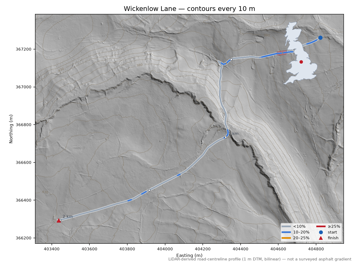 Wickenlow Lane LiDAR hillshade map with contours