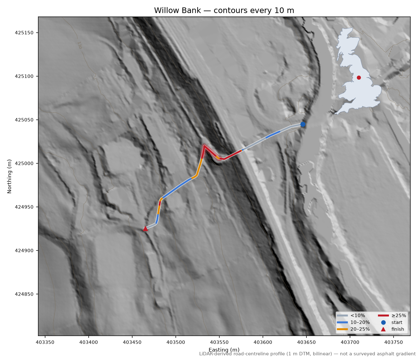 Willow Bank LiDAR hillshade map with contours