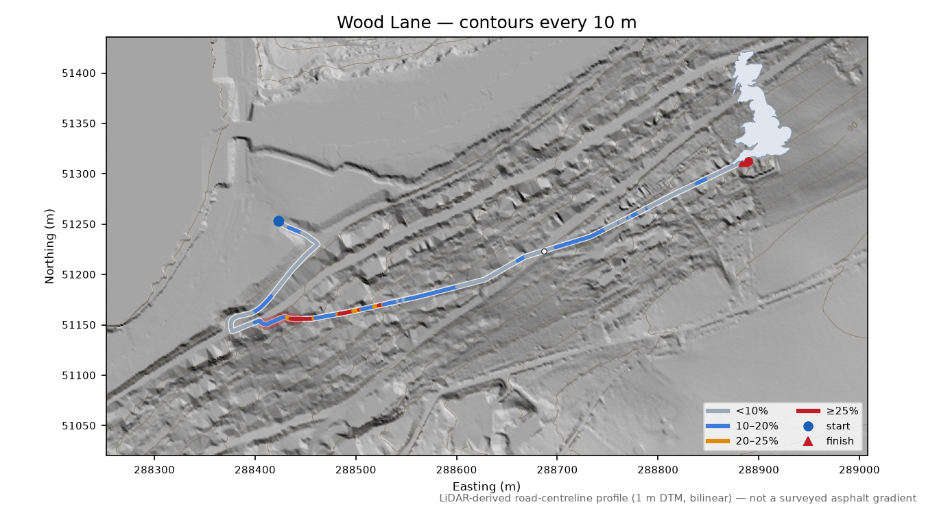 Wood Lane LiDAR hillshade map with contours