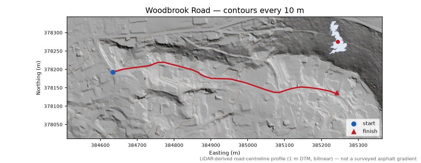 Woodbrook Road LiDAR hillshade map with contours