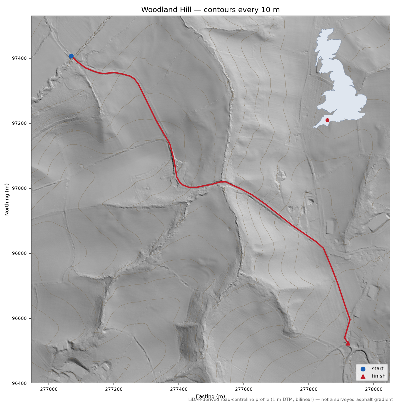 Woodland Hill LiDAR hillshade map with contours