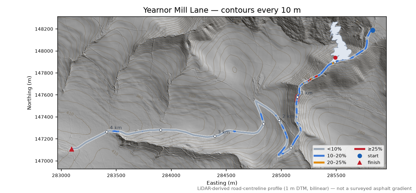 Yearnor Mill Lane LiDAR hillshade map with contours