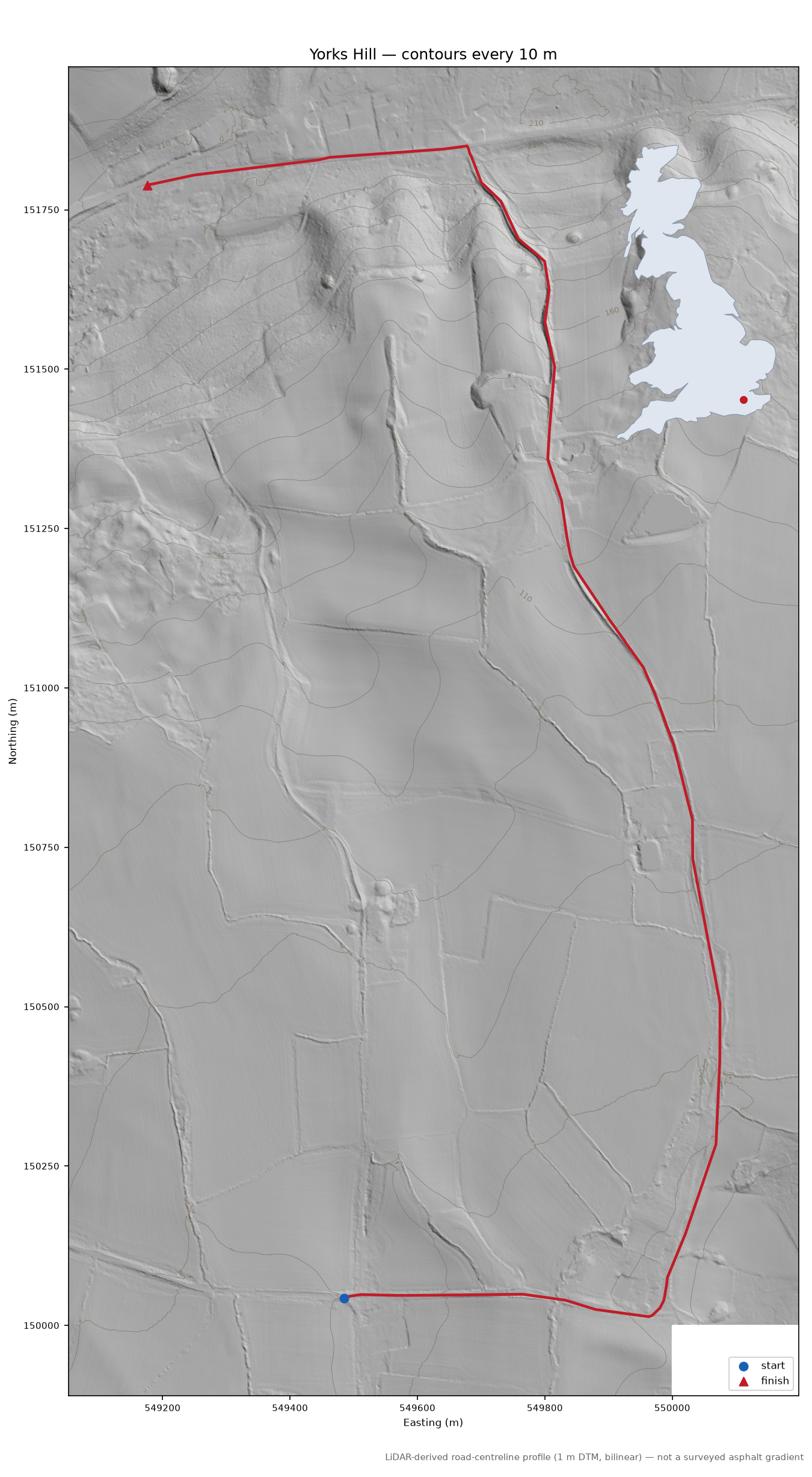 Yorks Hill LiDAR hillshade map with contours