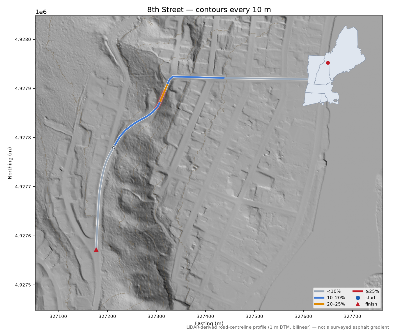 8th Street LiDAR hillshade map with contours