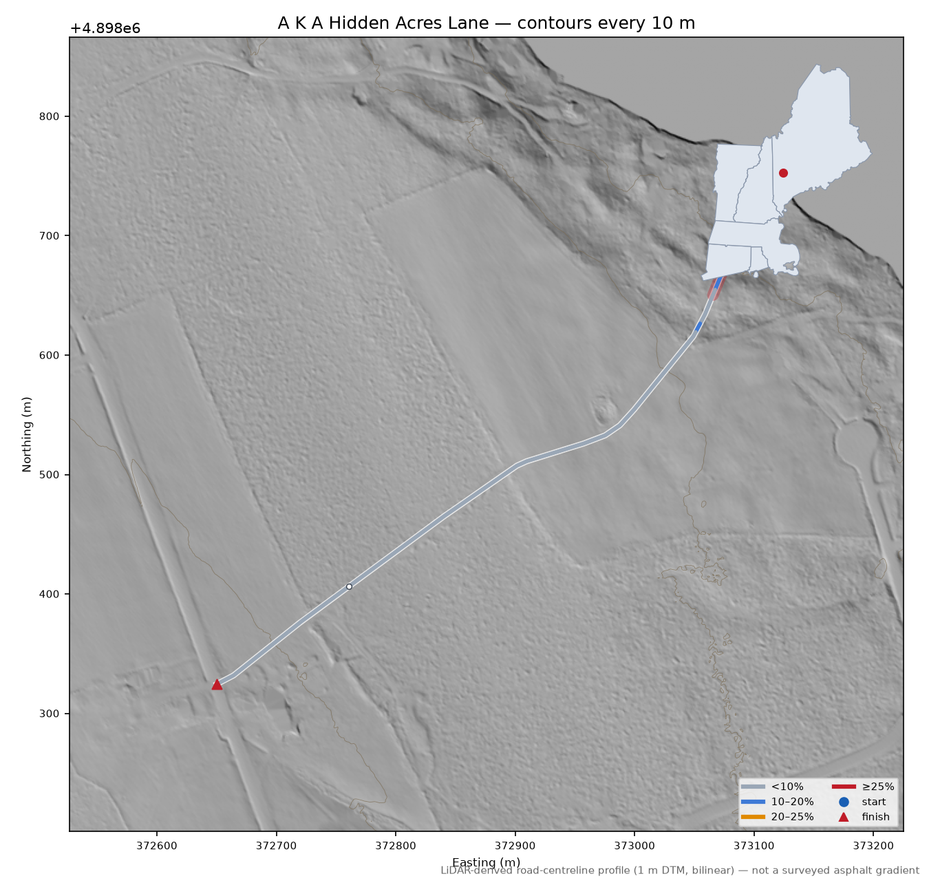 A K A Hidden Acres Lane LiDAR hillshade map with contours