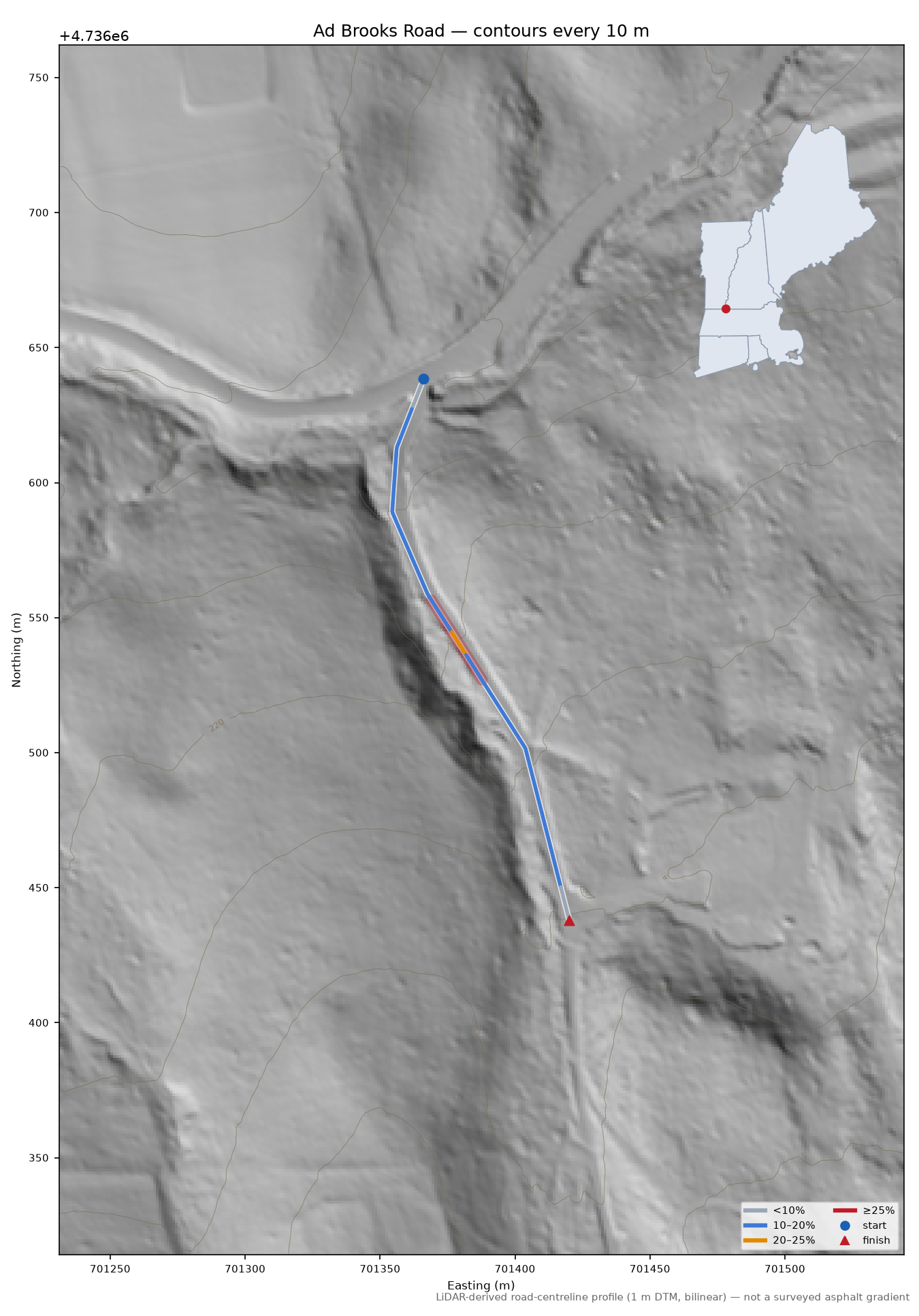 Ad Brooks Road LiDAR hillshade map with contours