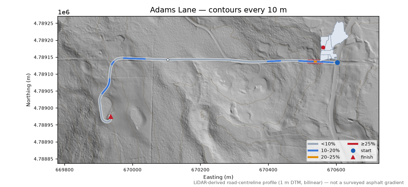 Adams Lane LiDAR hillshade map with contours