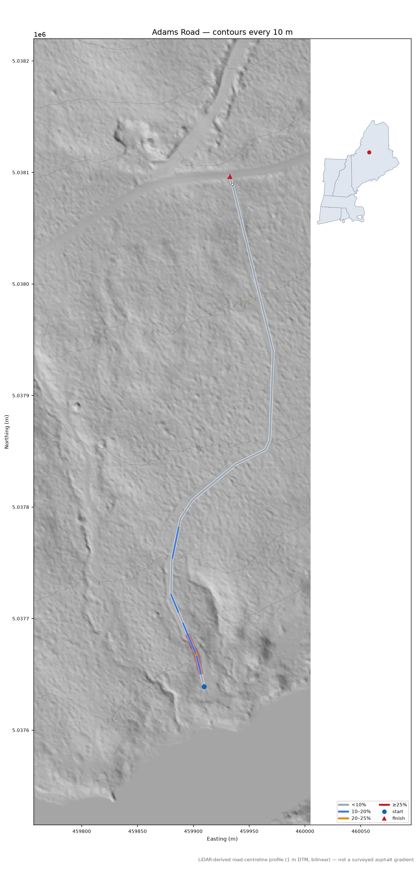 Adams Road LiDAR hillshade map with contours