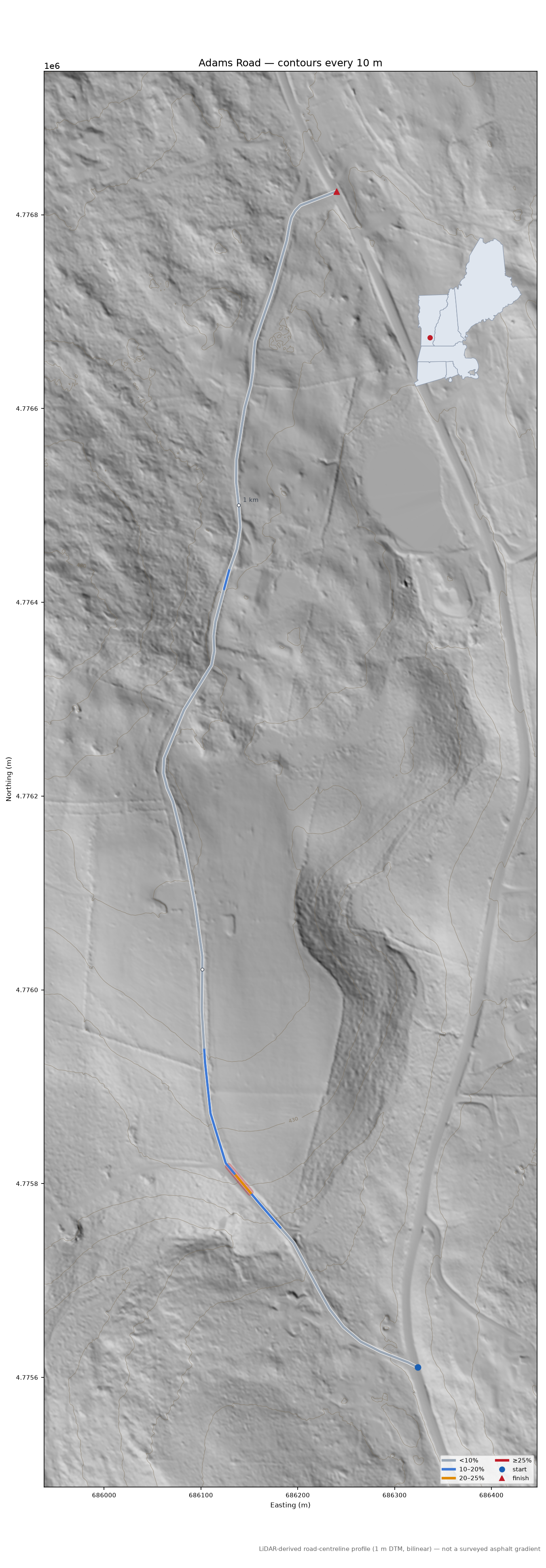 Adams Road LiDAR hillshade map with contours
