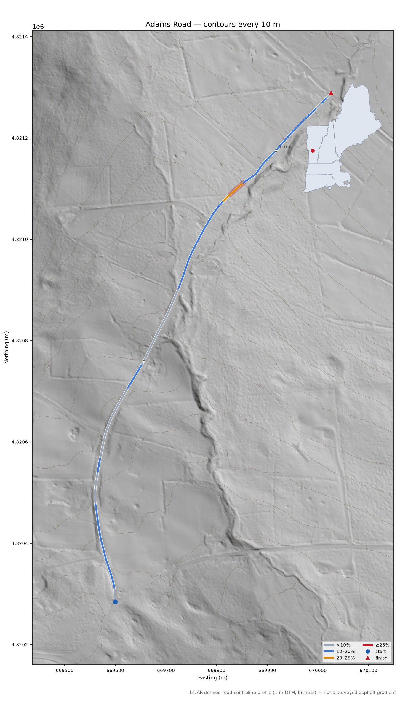 Adams Road LiDAR hillshade map with contours