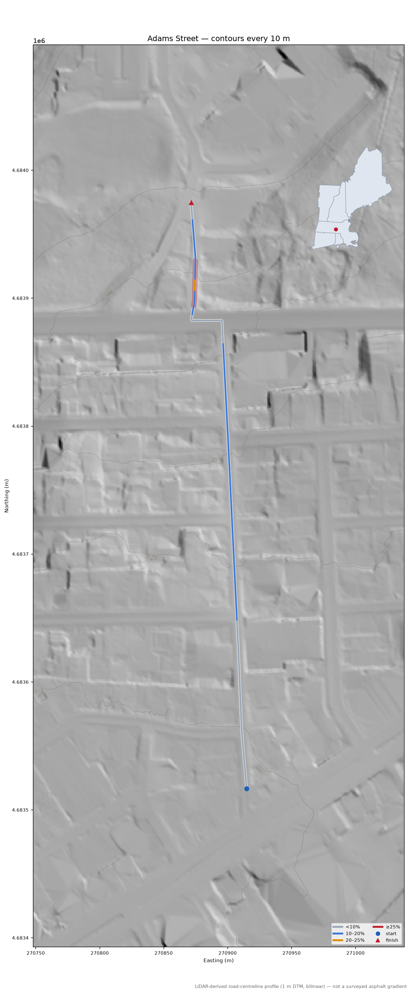 Adams Street LiDAR hillshade map with contours