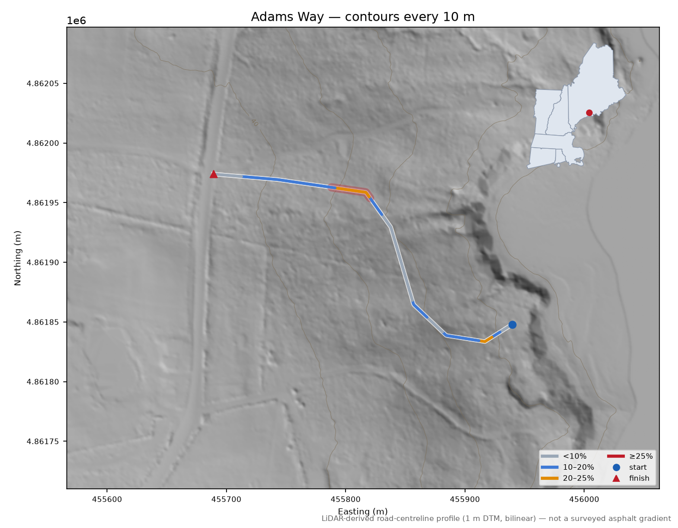 Adams Way LiDAR hillshade map with contours