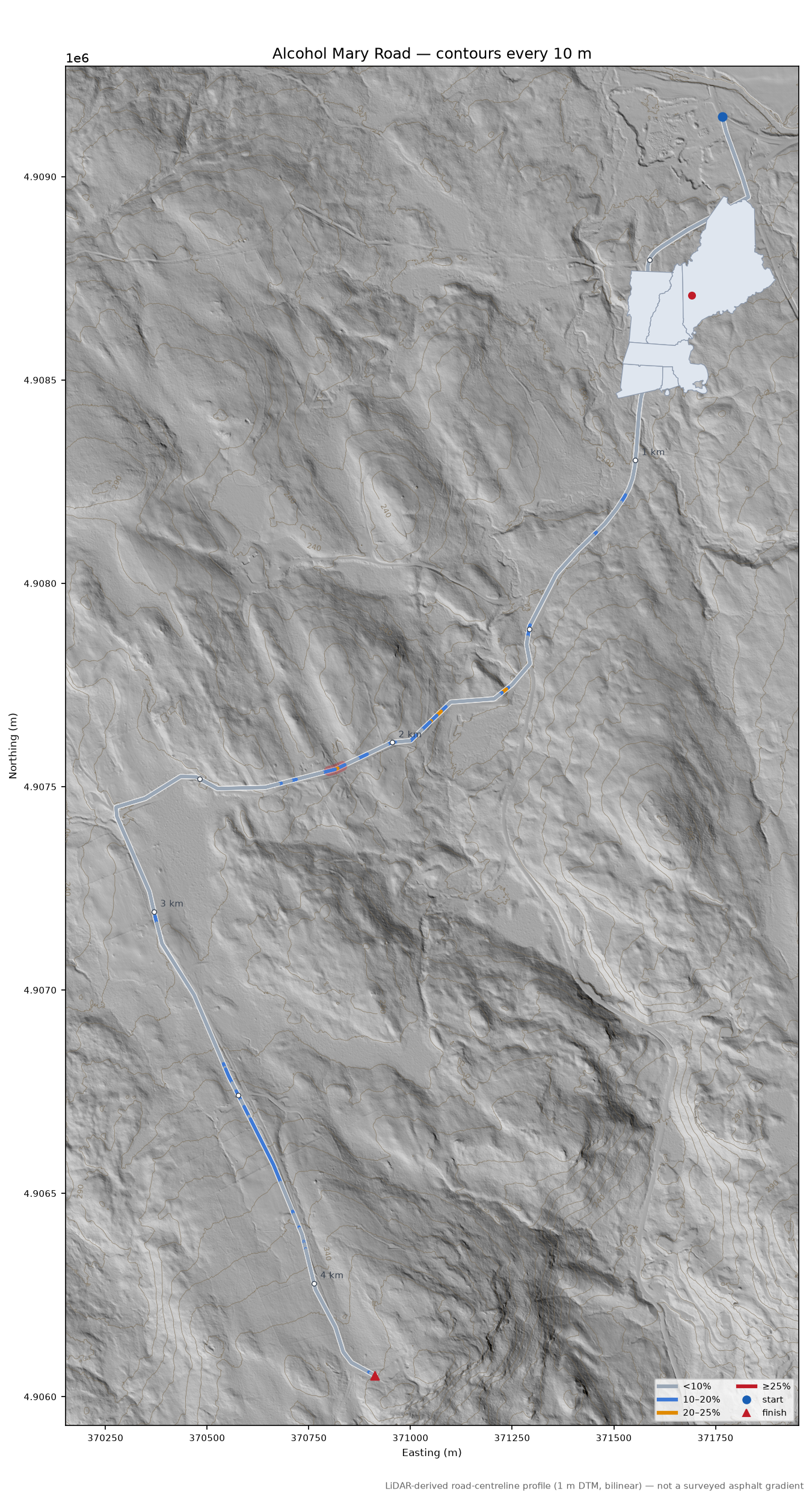 Alcohol Mary Road LiDAR hillshade map with contours