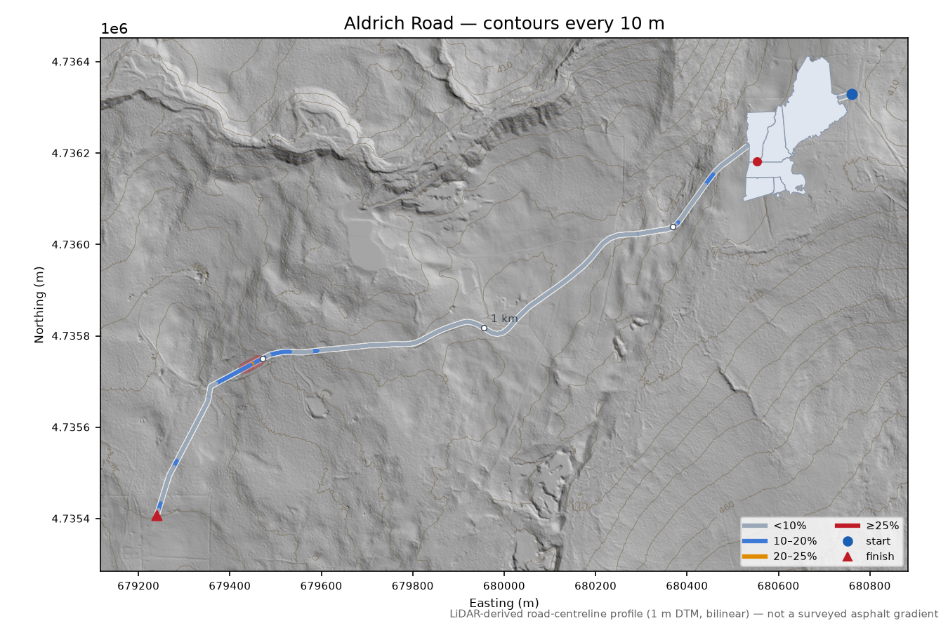 Aldrich Road LiDAR hillshade map with contours