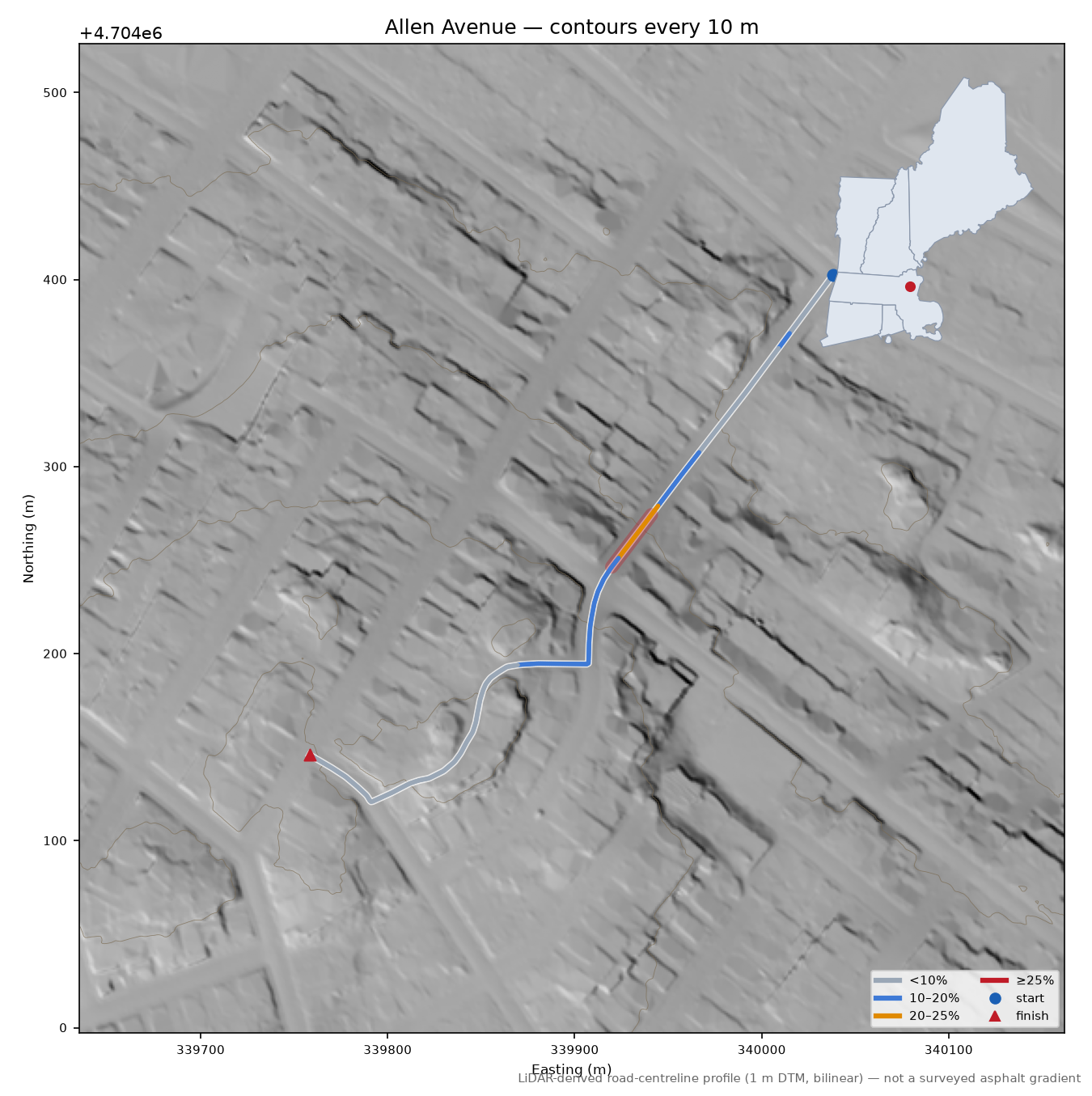 Allen Avenue LiDAR hillshade map with contours