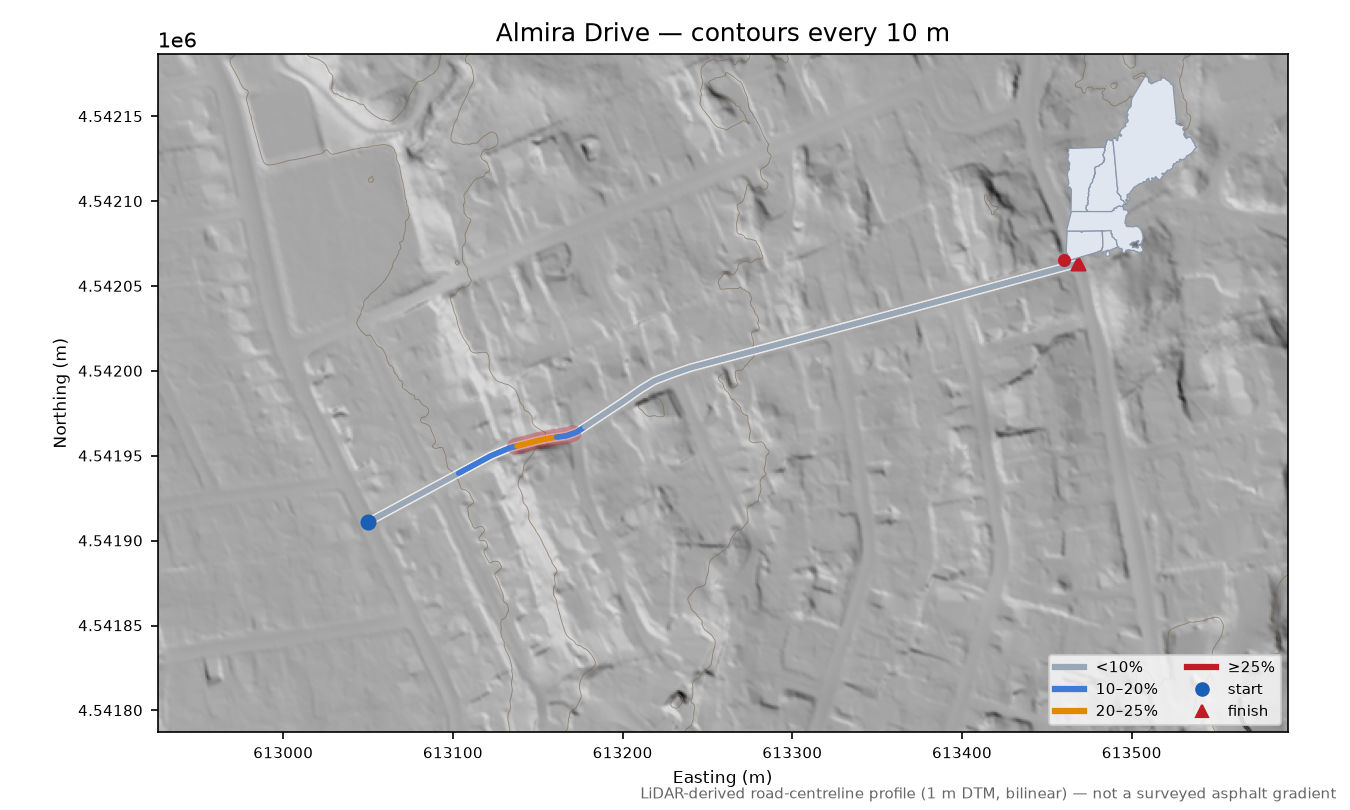 Almira Drive LiDAR hillshade map with contours