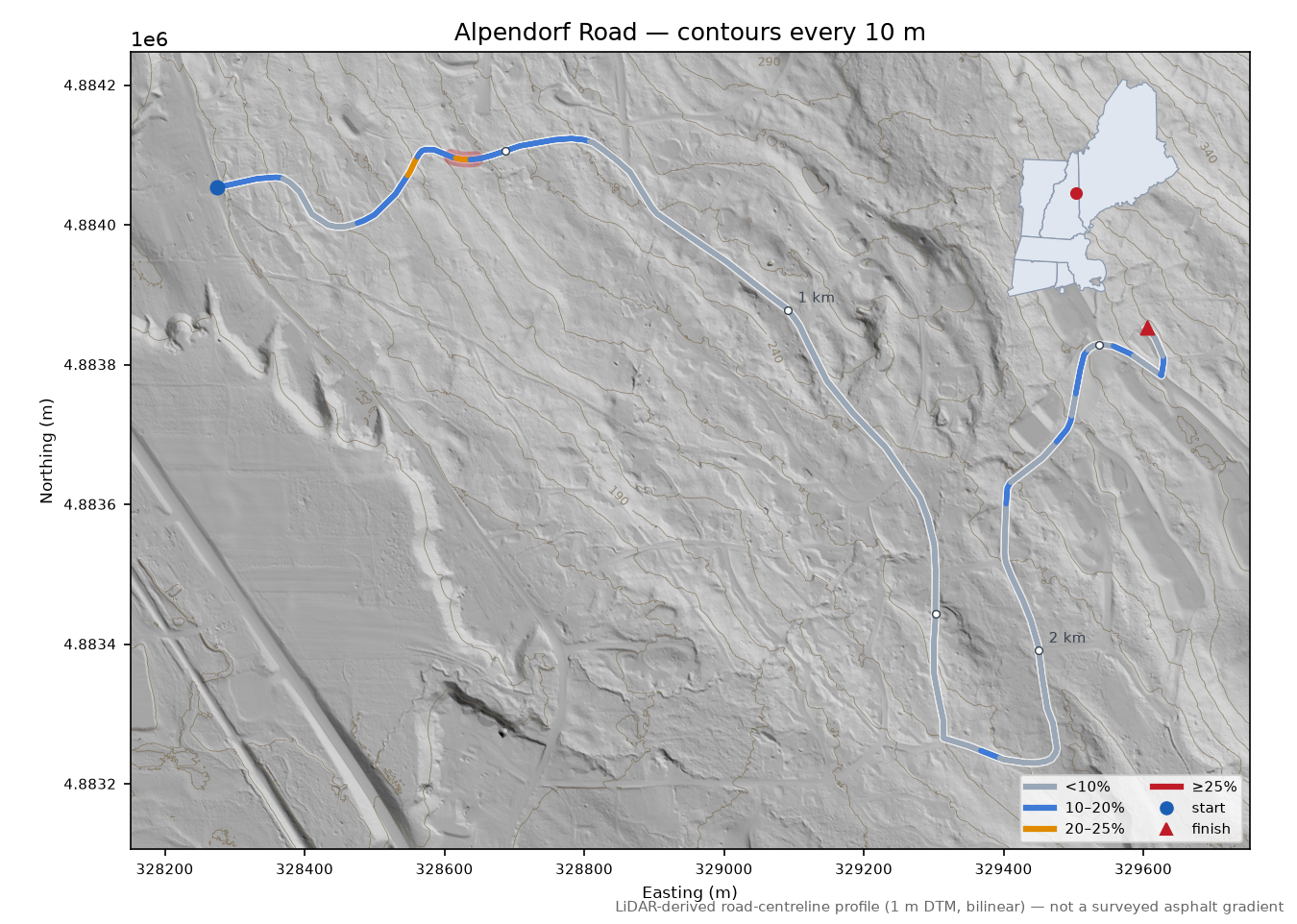 Alpendorf Road LiDAR hillshade map with contours
