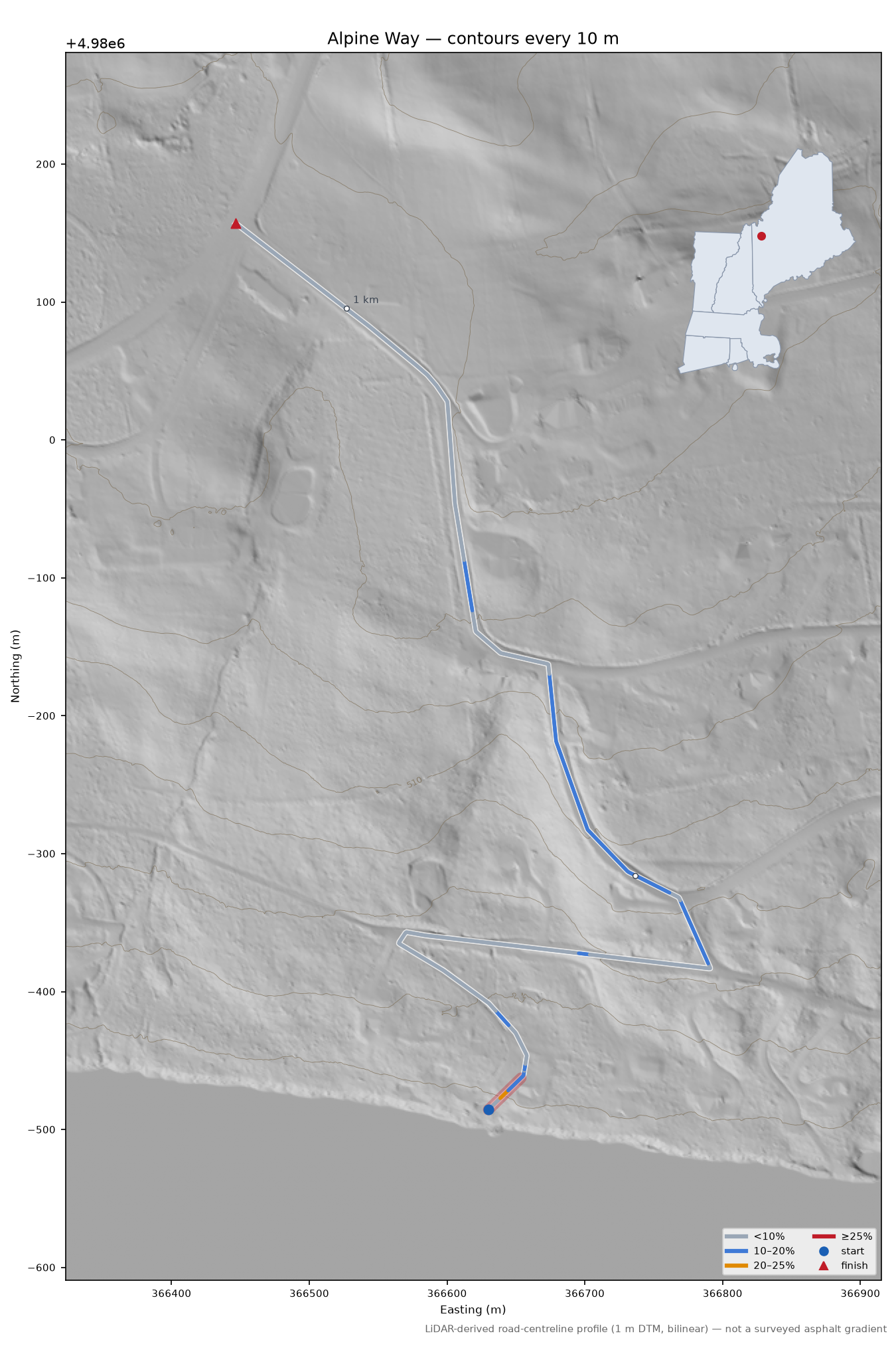 Alpine Way LiDAR hillshade map with contours