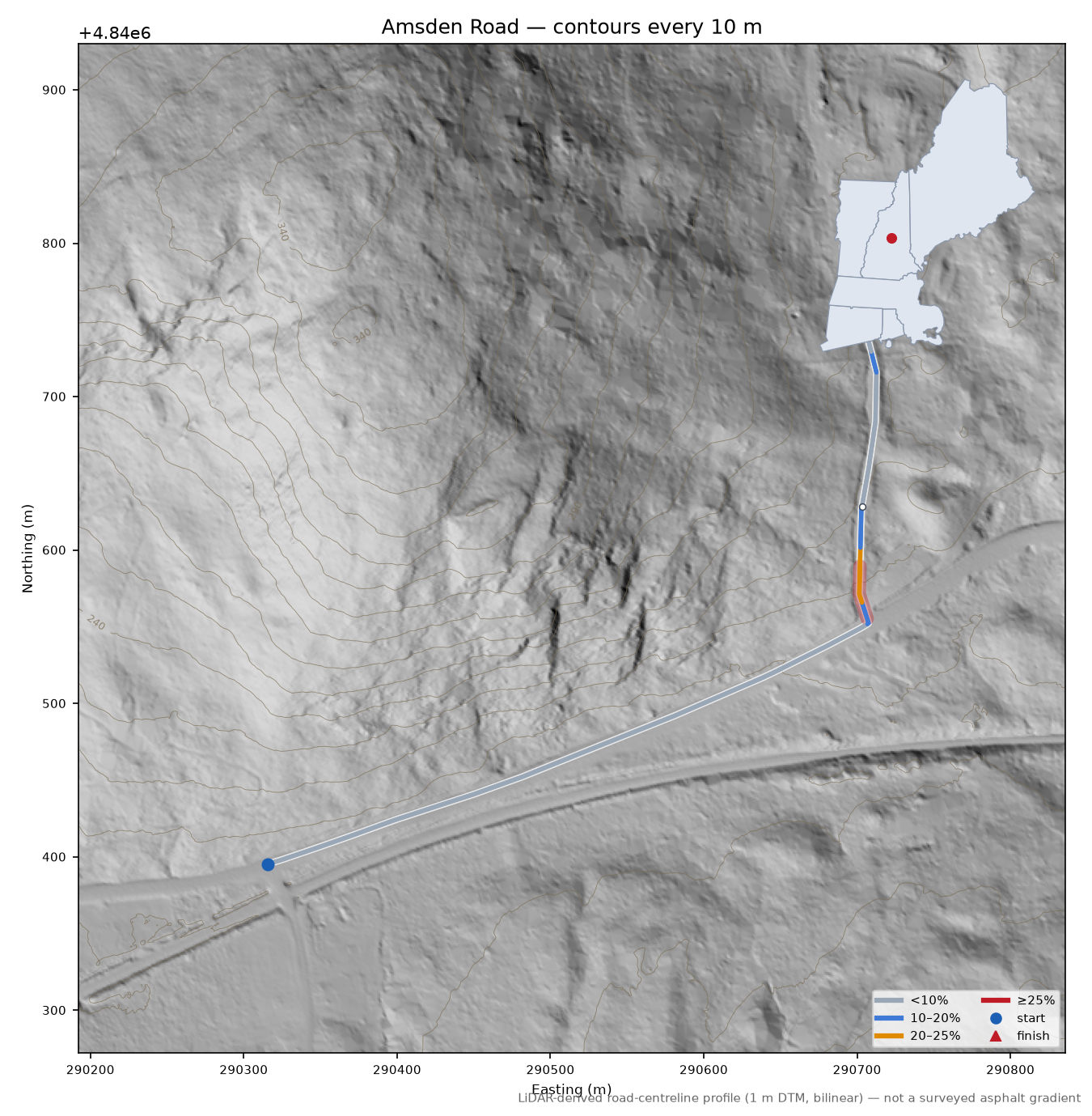Amsden Road LiDAR hillshade map with contours