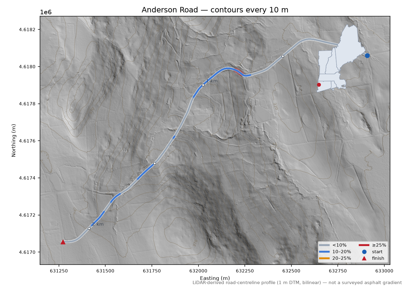 Anderson Road LiDAR hillshade map with contours