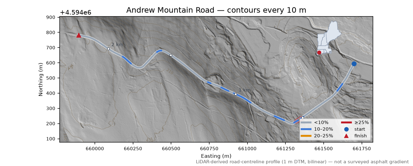 Andrew Mountain Road LiDAR hillshade map with contours