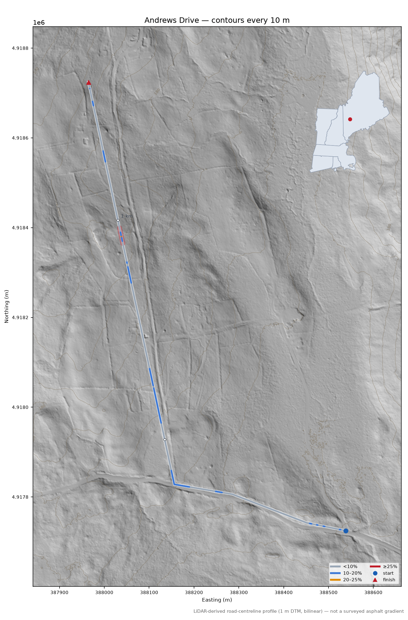 Andrews Drive LiDAR hillshade map with contours