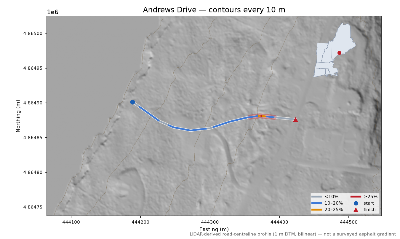 Andrews Drive LiDAR hillshade map with contours