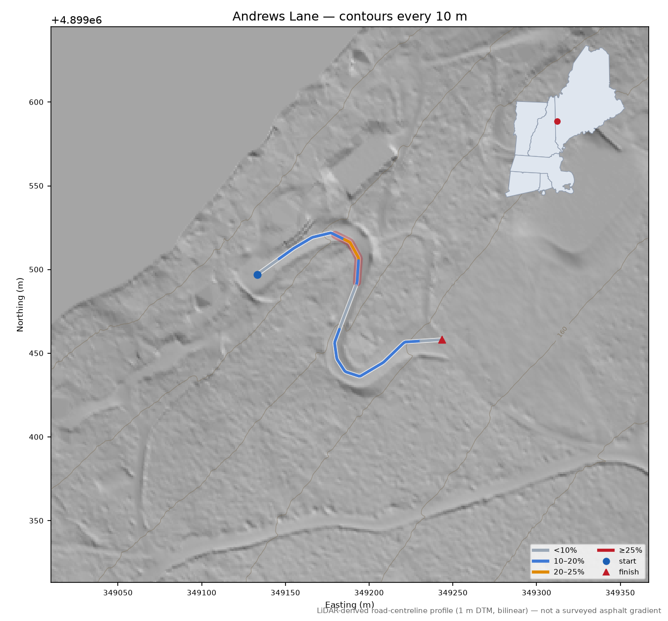Andrews Lane LiDAR hillshade map with contours