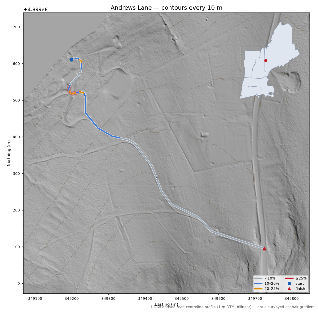 Andrews Lane LiDAR hillshade map with contours