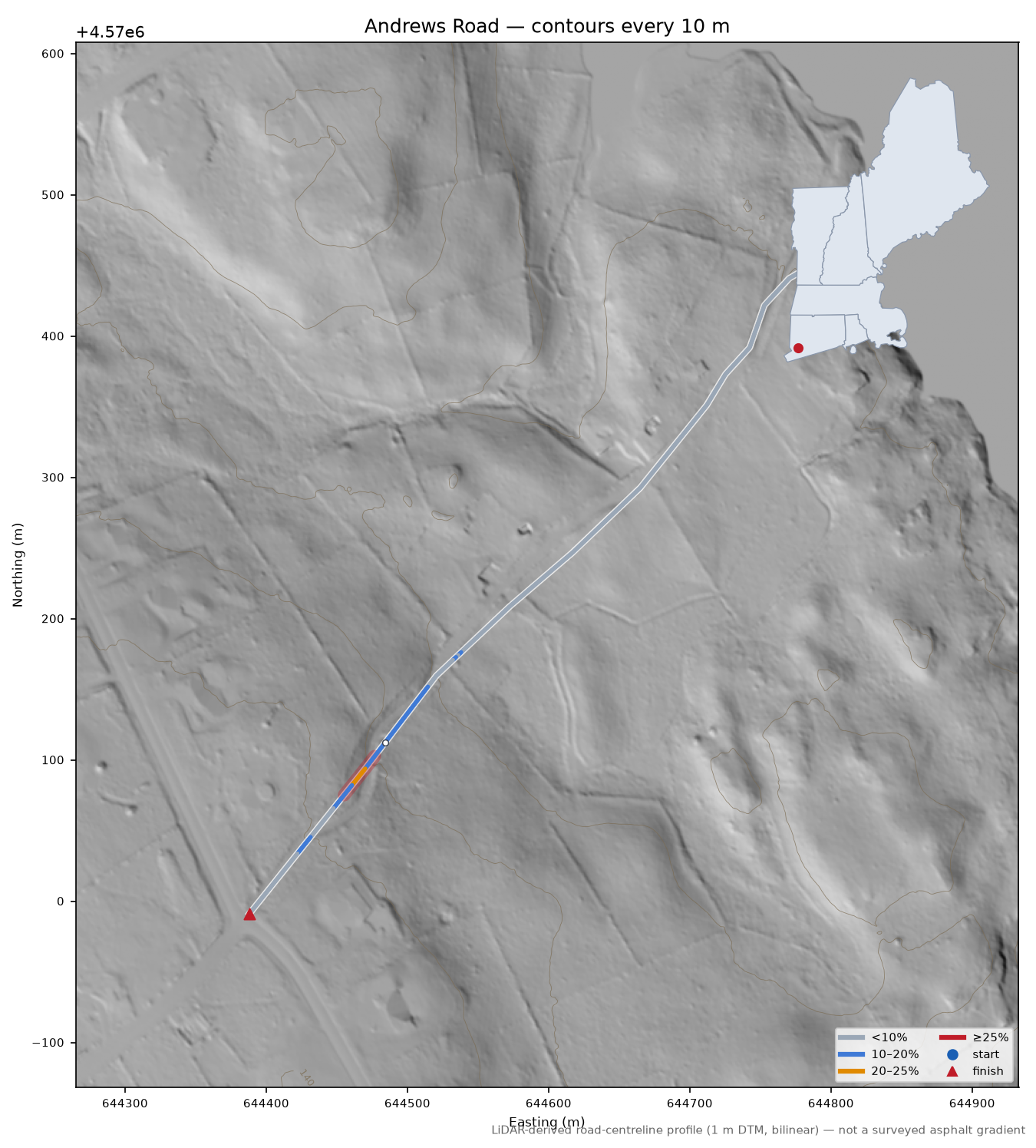Andrews Road LiDAR hillshade map with contours