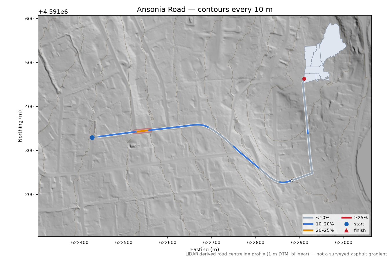 Ansonia Road LiDAR hillshade map with contours