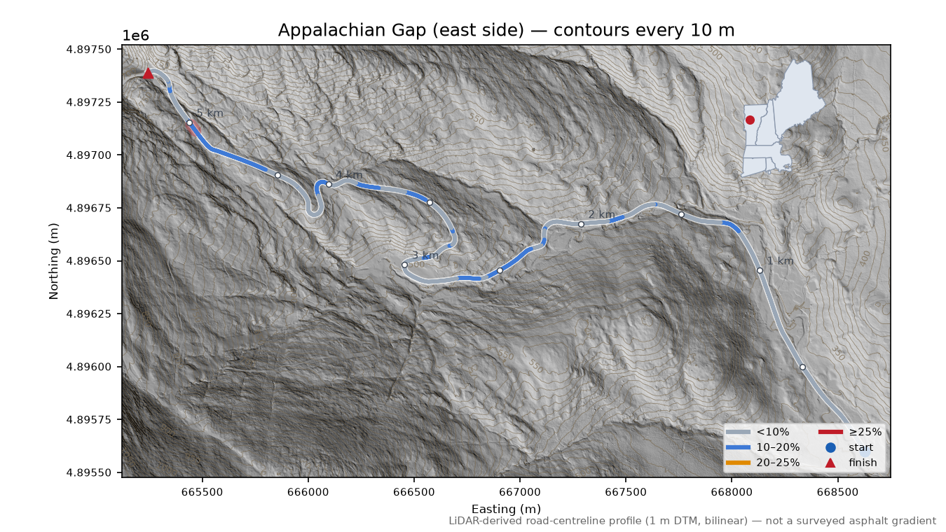 Appalachian Gap (east side) LiDAR hillshade map with contours