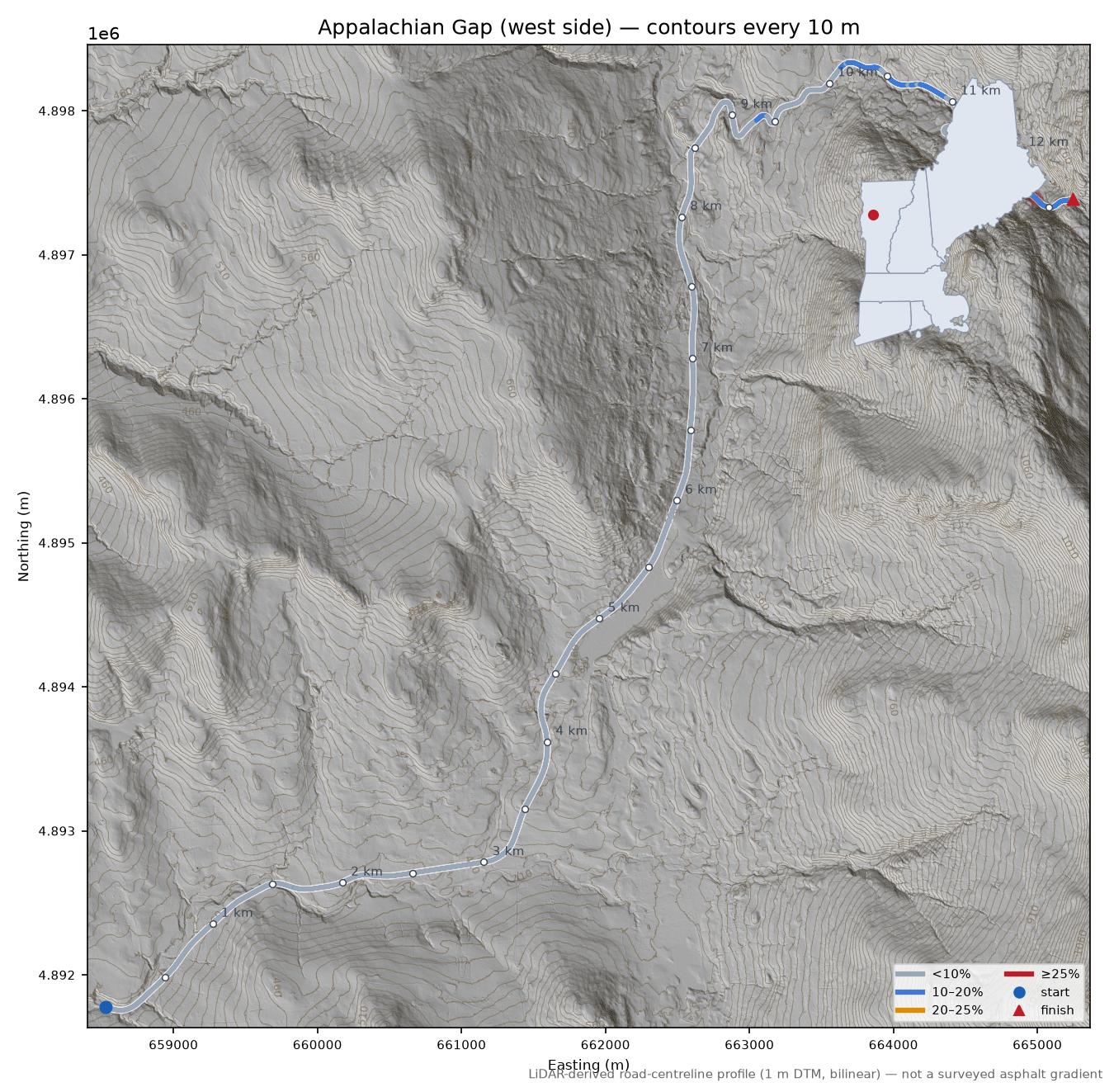 Appalachian Gap (west side) LiDAR hillshade map with contours