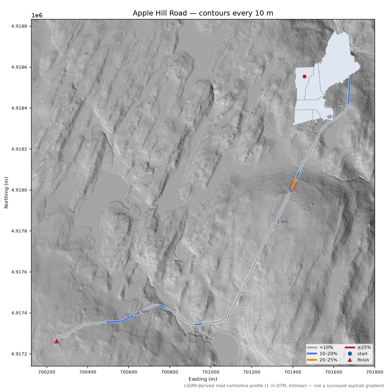 Apple Hill Road LiDAR hillshade map with contours