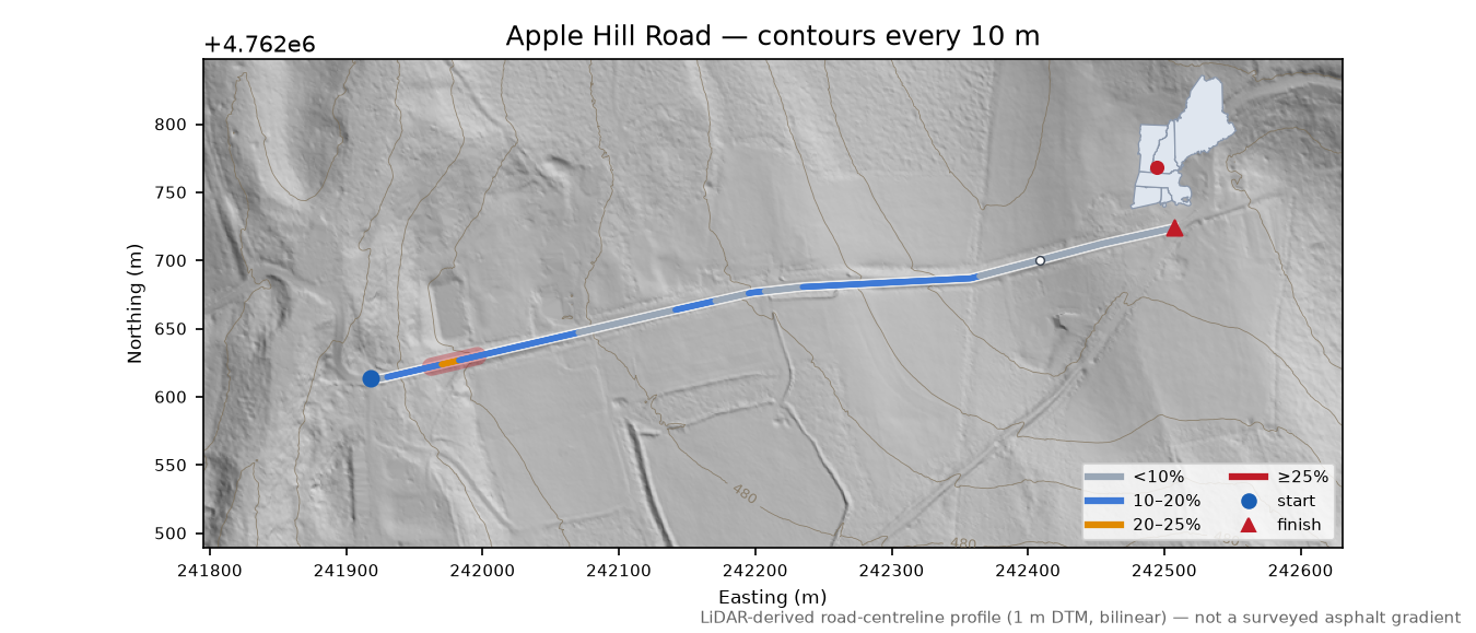 Apple Hill Road LiDAR hillshade map with contours