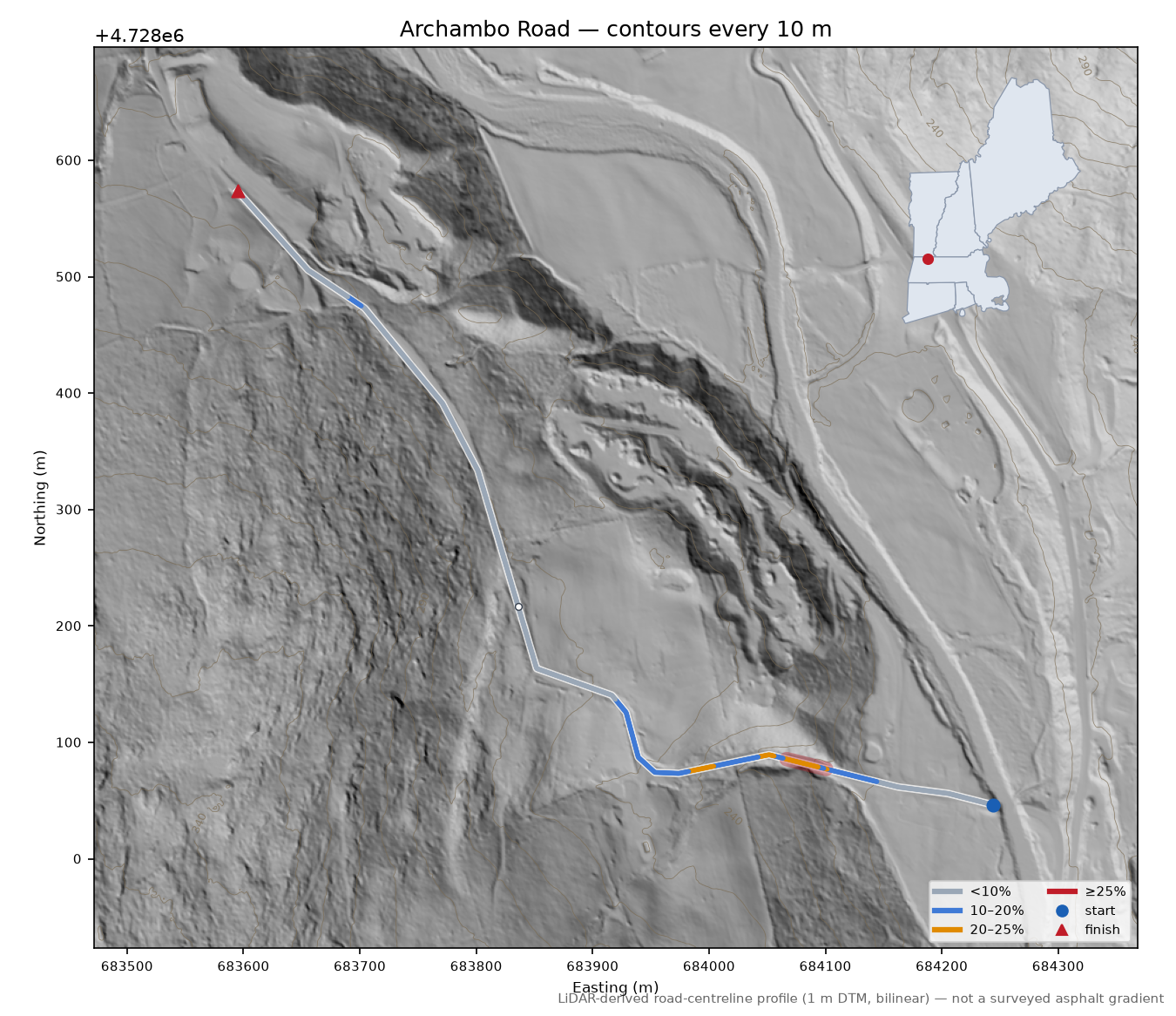 Archambo Road LiDAR hillshade map with contours