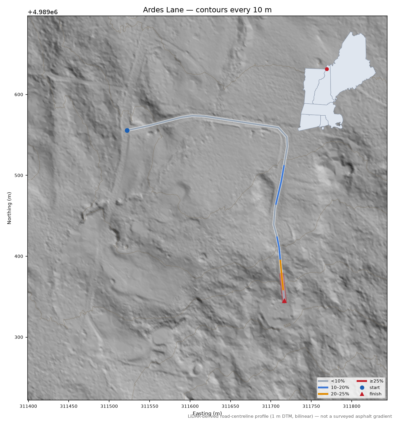 Ardes Lane LiDAR hillshade map with contours