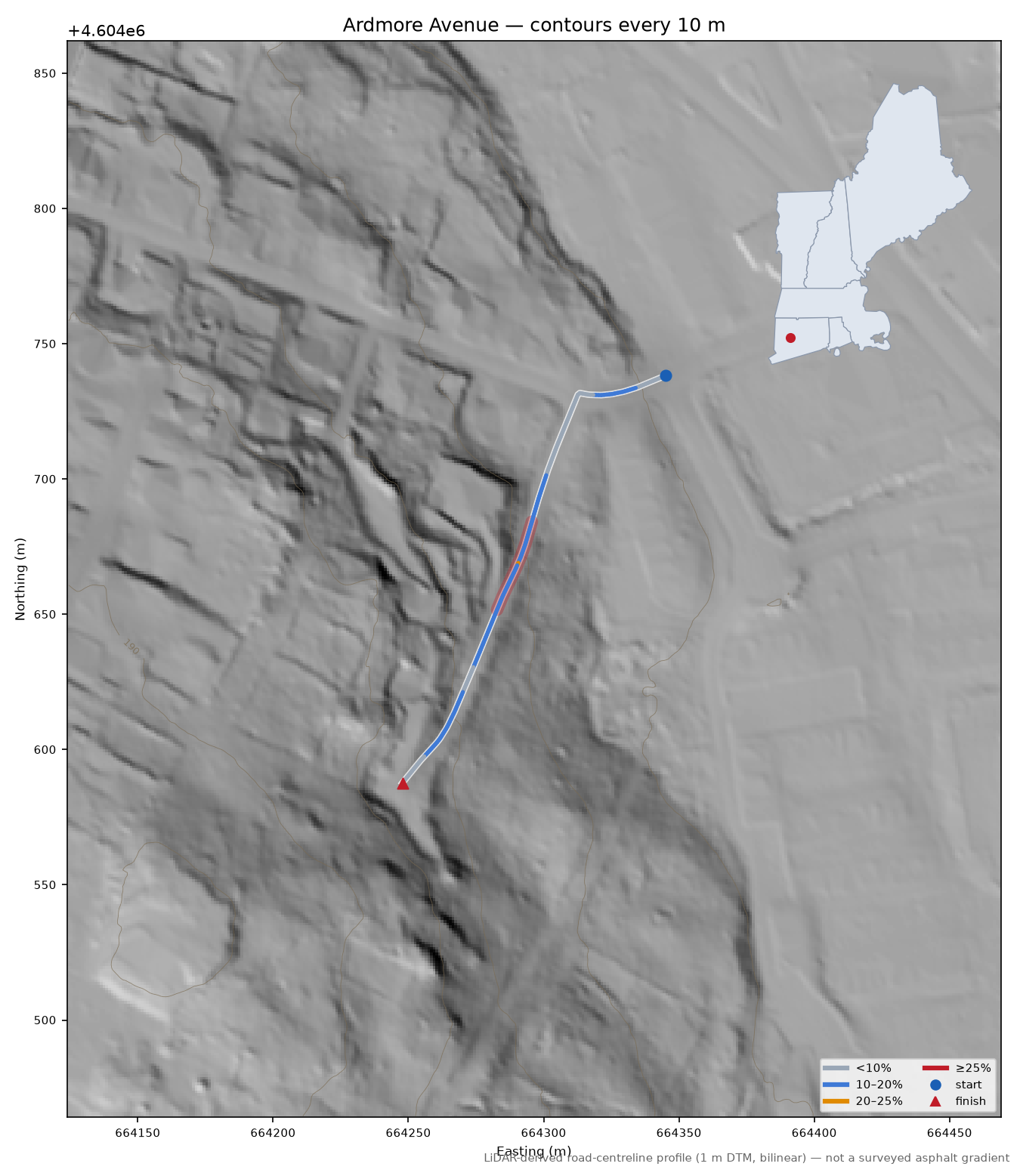 Ardmore Avenue LiDAR hillshade map with contours